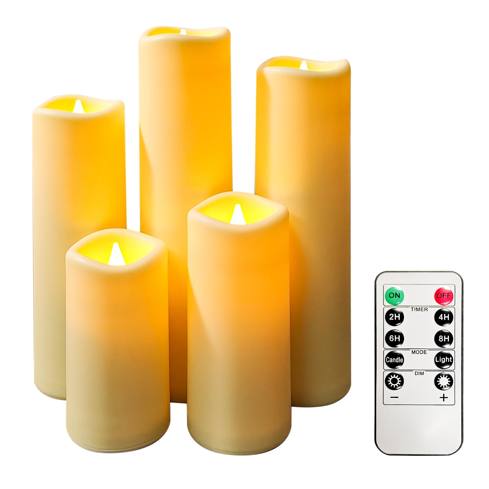 Velas LED impermeables sin llama, juego de 5 unidades, marfil, 2.2 x 4 pulgadas, 5, 7, 8, 9 pulgadas, velas parpadeantes para exteriores, funcionan con pilas, con función de temporizador de control