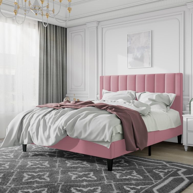 Image of HITHOS Modern Upholstered Queen Size Bed with Wingback Headboard | Wooden Double Bed Cot Palang Without Storage for Living Room Bedroom Home (Pink) 1 Year Warranty