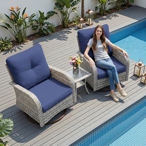 Image of 9-Piece Small Patio Furniture Set, Outdoor Swivel Rocking Chairs Set with 55,000 BTU Fire Pit Table Wicker Chairs and Ottomans, Patio Bistro Set for Balcony, Deck, Porch, Navy Blue