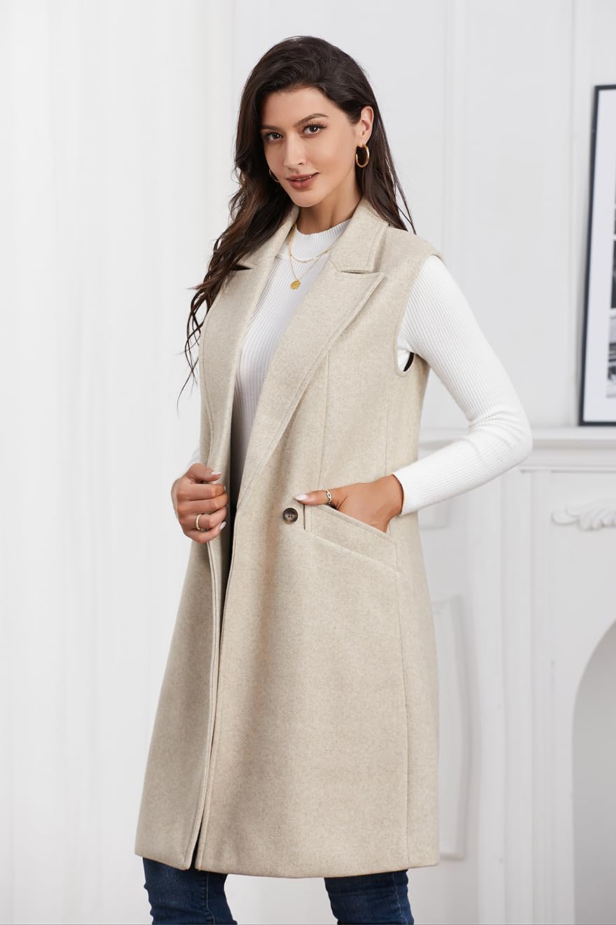 IDEALSANXUN Womens Long Vest Fall Winter Wool Sleeveless Blazer Jackets Waistcoat Coats - Image 2