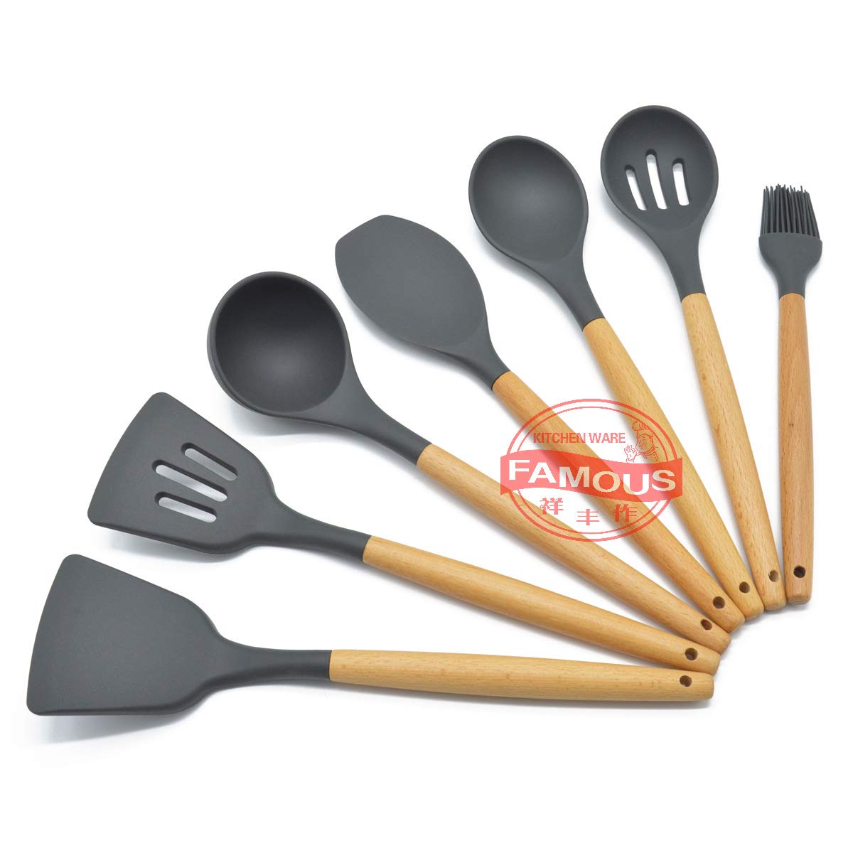 Ustensiles de cuisine silicone et bois de qualité supérieure, ensemble de spatules durables grises