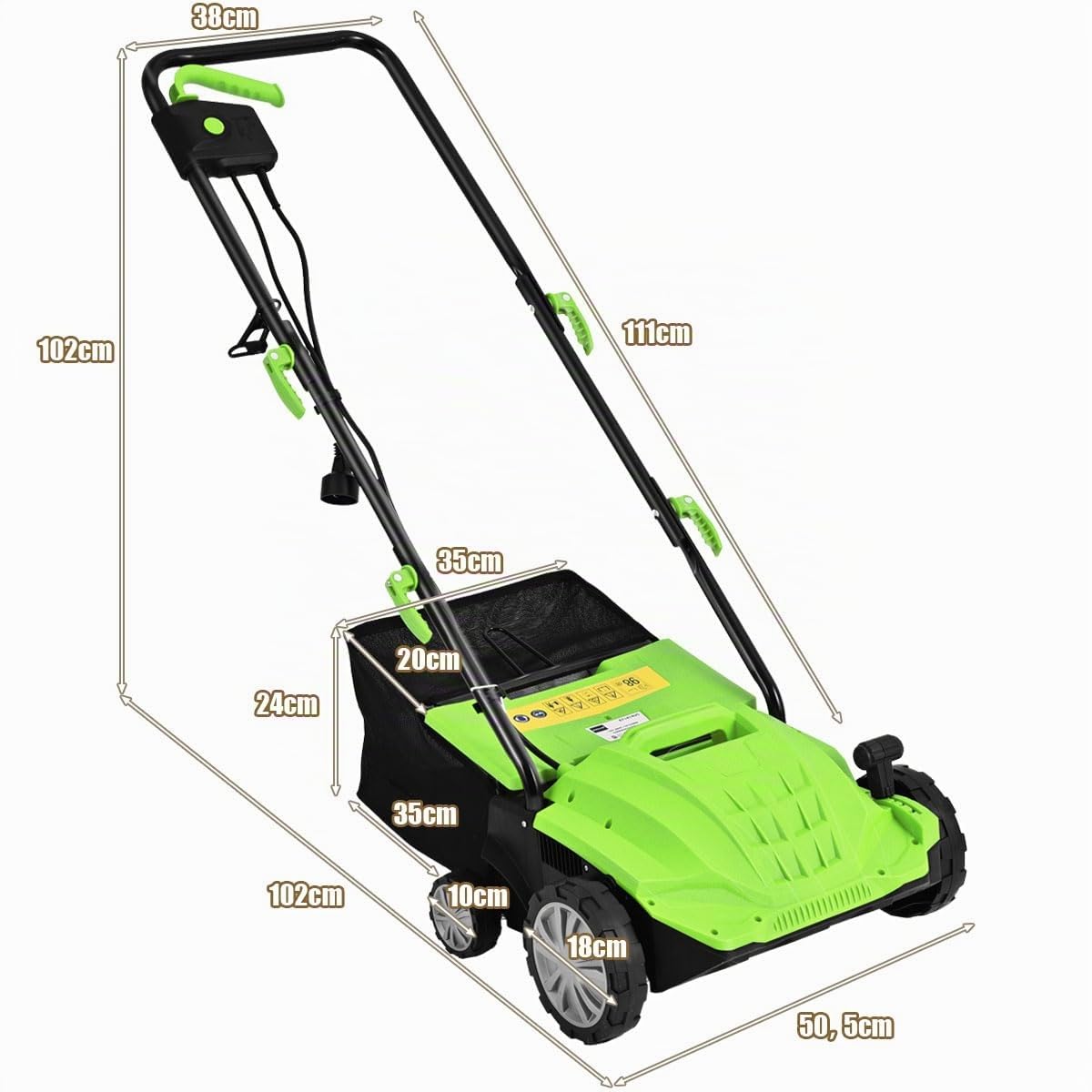GOPLUS Scarificateur Électrique 2 en 1 avec 30LSac de Collecte, Aérateur de Pelouse avec Hauteur Réglable à 4 Niveaux, Poignée Pliable pour Un Rangement Facile(Vert)