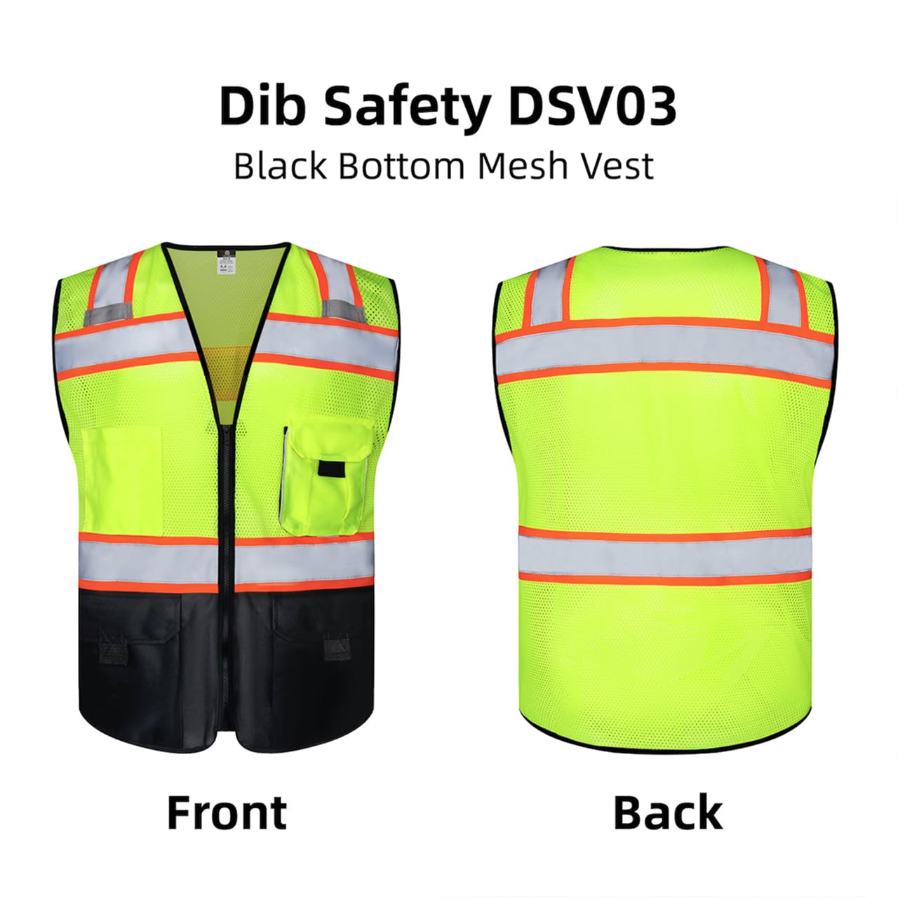 Dib Safety Chaleco de malla reflectante con bolsillos y cremallera, fabricado con cinta reflectante 3M, amarillo y negro