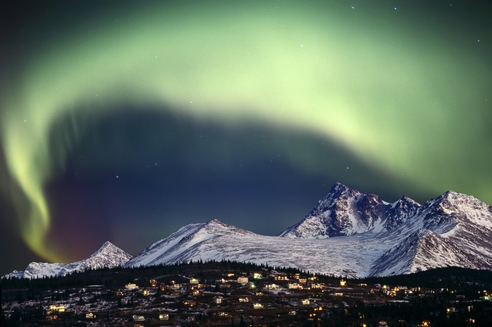 Posterazzi Composite Aurora Borealis Over Hillside Neighborhood & Chugach Mountains Anchorage Alaska Poster Print, (19 x 12)