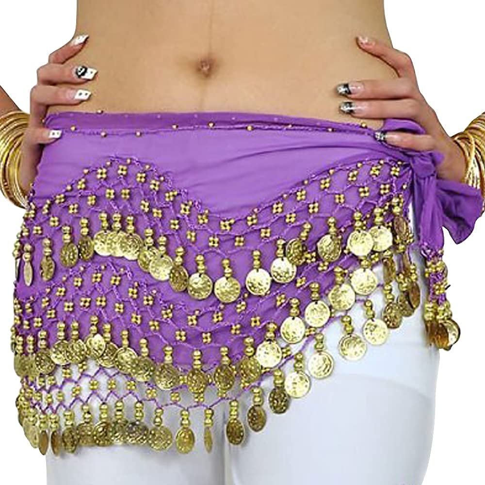 Mszsa Women's Purple 3 Rows Belly Dance Hip Scarf Wrap Belt Dancer Skirt Costume Coins (Purple)