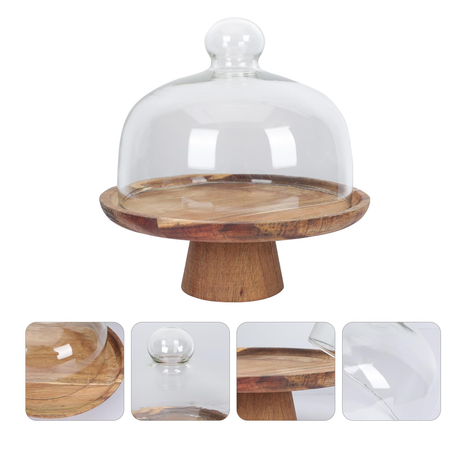 VICASKY Bandeja para Tartas Pequeña de Madera de Acacia con Soporte Alto y Tapa de Cristal, Bandeja para Servir Postres y Frutas, Expositor Adecuado para Fiestas y Eventos