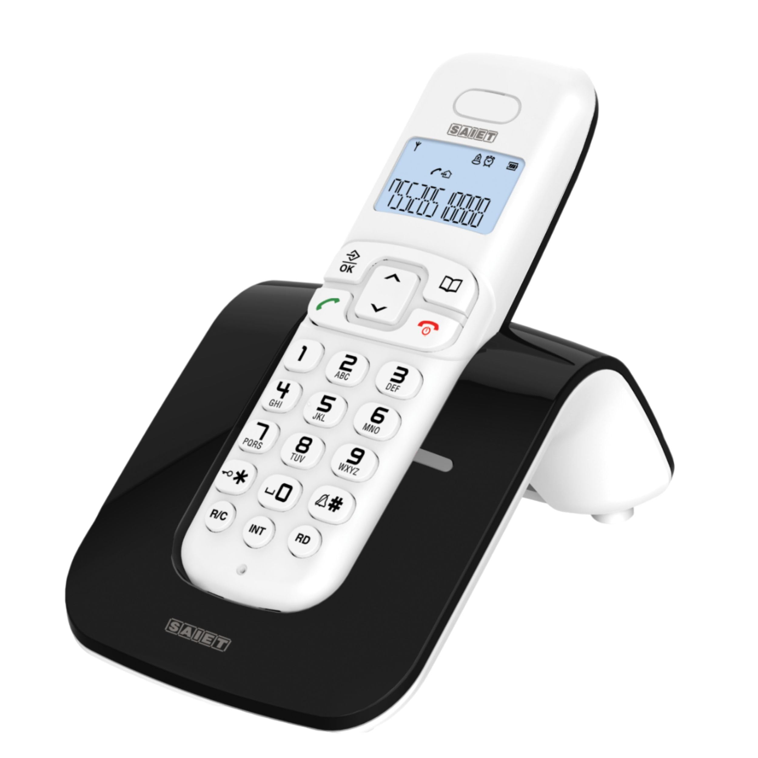 SAIET - Telefono Cordless Casa e Ufficio 13500783 - con Vivavoce DECT GAP LCD - con Tasti Grandi e Schermo Intuitivo - Nero