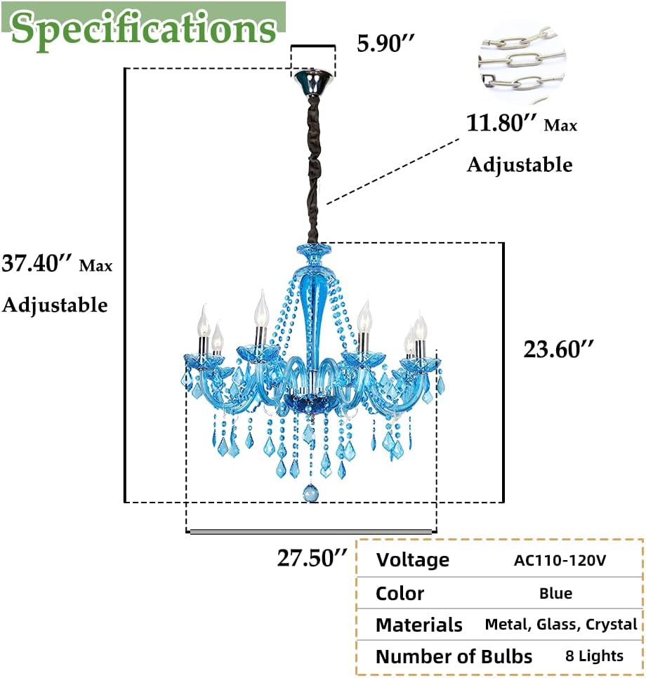 Classic Crystal Chandelier, Vintage Candle Pendant Light Fixture, Bedroom Hanging Light, Adjustable Island Lights for Dining Room Foyer in Blue (8 Lights)