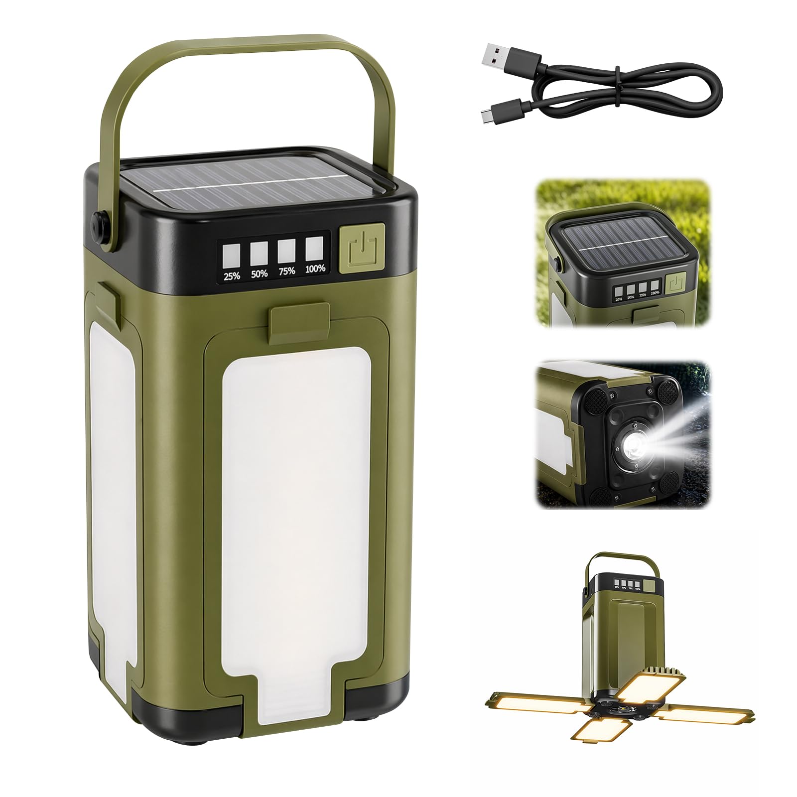 Lampada da campeggio solare e USB-C Carica, 4 luci mobili, 6 modalità, batteria da 2000 mAh, IPX4, impermeabile, pieghevole con gancio per campeggio, escursionismo, emergenze – La tua versatile luce