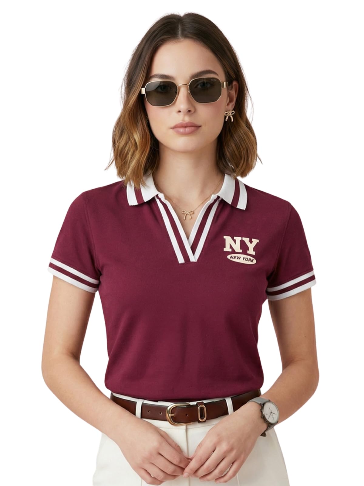 Women’s Regular Fit Lycra Polo T-Shirt with Contrast Striped Collar and Half Sleeves, Soft Fabric for All-Day Comfort and Easy Wear (Sizes S to 2XL)