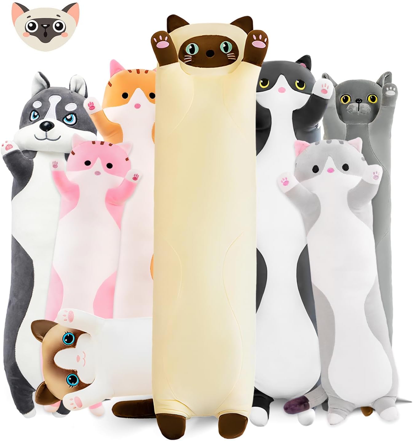 Long Cat Plush Pillow, 19.6in Cute Yellow Cat Plushie Stuffed Animals Body Pillow, Kawaii Kitten Soft Plushie Doll Toy Birthday Gift for Kids Girlfriend Siamese Cat 19.6in
