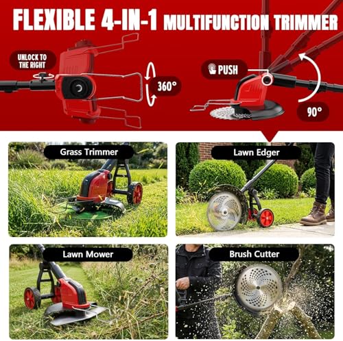 Image of 20000 RPM Electric Weed Wacker with Wheel,12″ Brushless Cordless Weed Eater Battery Powered,4-in-1 Brush Cutter /String Trimmer /Grass Edger /Tiller for Garden,Weed Trimmer,2 Battery (Red)