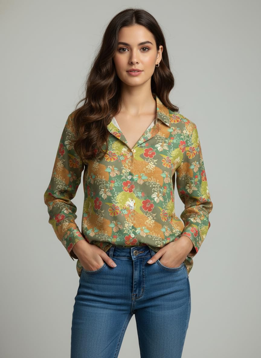 ANNI Designer Bedrucktes Damenhemd aus Baumwollmischgewebe, langärmelig, normale Passform, Kragen, legere Bürokleidung, elegante Western-Kleidung für den Alltag, Hochzeit, Party