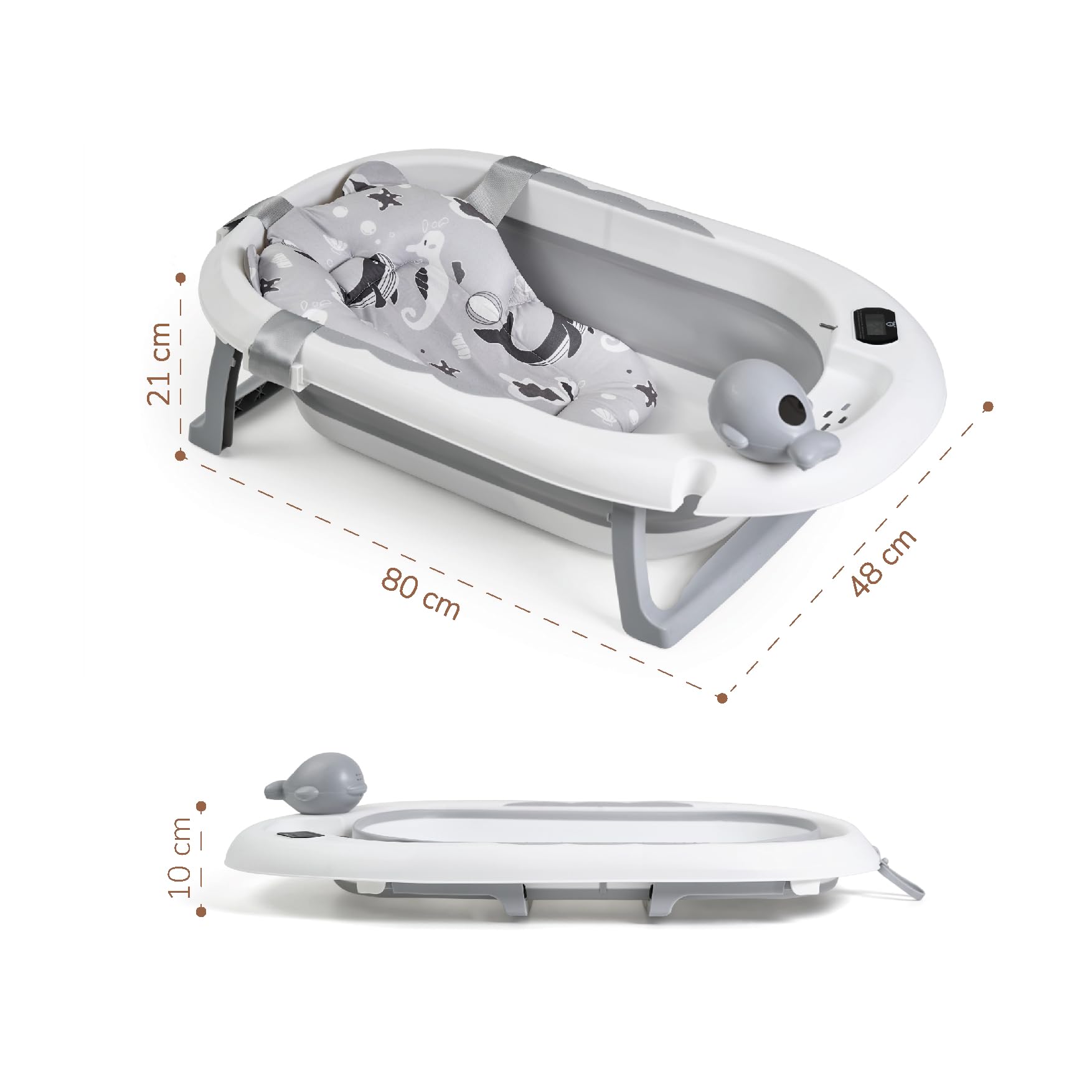 Buddy Baby - Vasca pieghevole BebéSplash con temperatura - Da 0 mesi - Cuscino riduttore rimovibile - Base antiscivolo - Tappo di scarico - Design compatto e portatile - Annaffiatoio balena