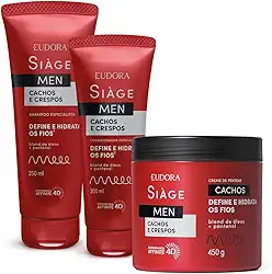 Eudora Kit Siàge Men: Condicionador Cachos e Crespos 200ml + Shampoo Cachos e Crespos 250ml + Creme para Pentear Cacheados 450g