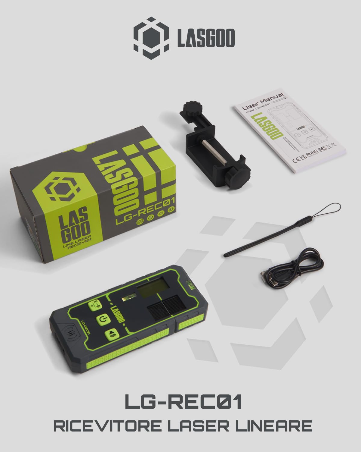 LasGoo LG-REC01 Ricevitore per Livella Laser, Doppio Display LCD, Rilevatore di Raggi Laser Verde e Rosso, Fino a 50m, Batteria Ricaricabile Integrata, Morsetto Incluso