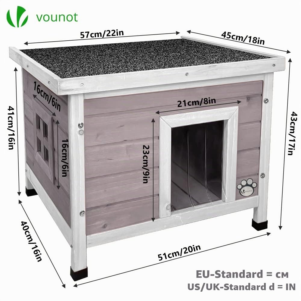 VOUNOT® Katzenhaus aus Holz, Katzen Haus mit Asphaltdach, Katzenhütte für Draussen Outdoor 57 x 45 x 43 cm, Grau