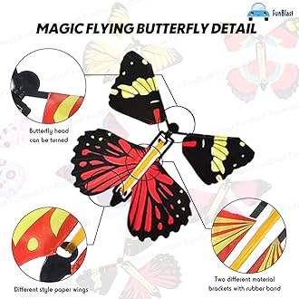 FunBlast Flying Butterfly Toy, Magic Wind up Butterflies Toys, Colourful Butterflies Toys for Boys/Girls, Plastic Flying Butterflies for Kids, Fairy Toys for Girls/Boys- Multicolour (Pack of 6)