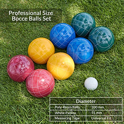 ApudArmis Bocce Balls Set, Regulation Size 100mm Bocce Game for Outdoor/Backyard/Lawn/Beach with 8 PCS 100% Resin Balls / 1 Pallino/Nylon Carrying Case/Measuring Rope (Red,Blue,Green,Yellow) - Thumbnail 6
