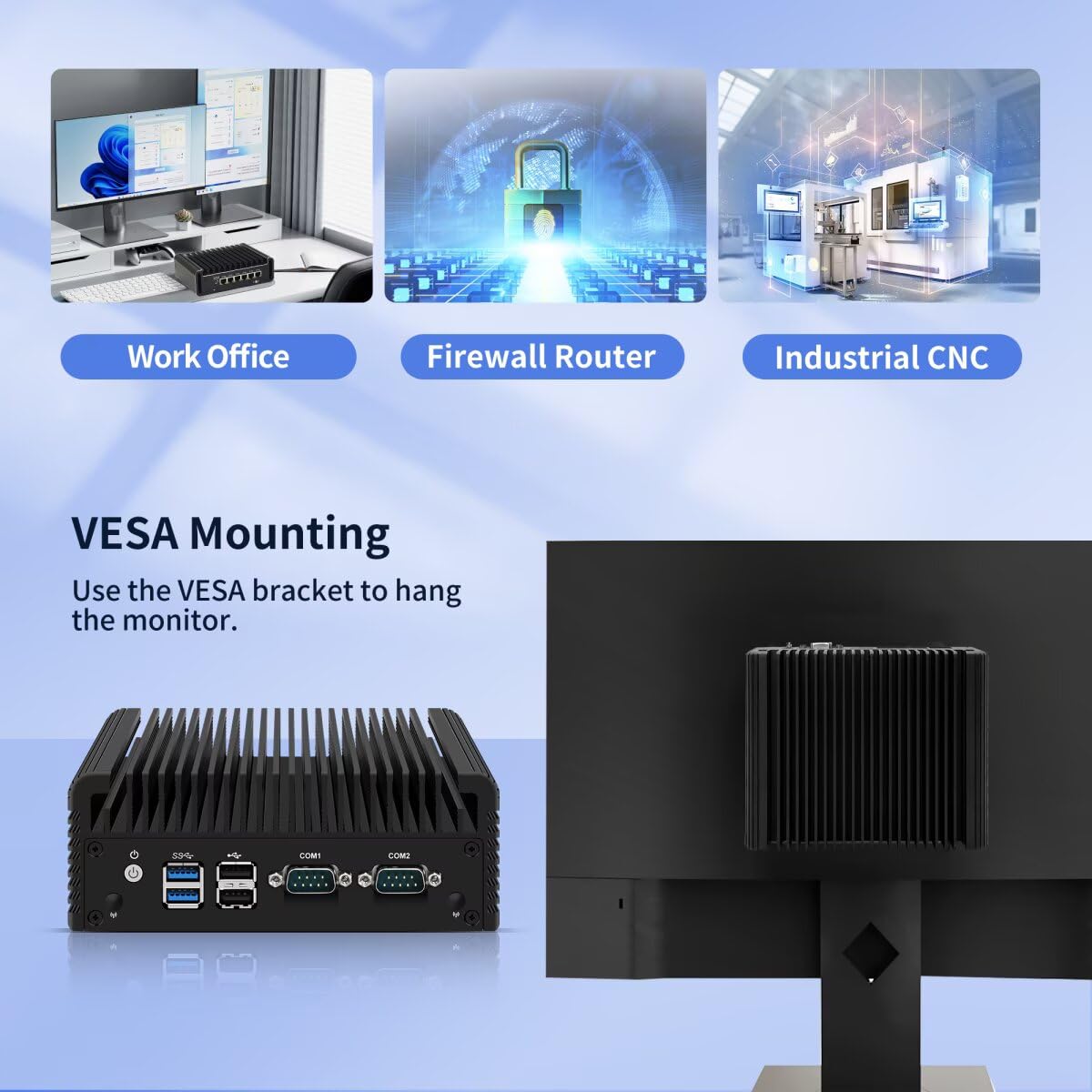 Lüfterloser Mini PC Industrie Celeron N2840, 2 x RS232 serielle Schnittstellen, 2 x 1000M Gigabit-LAN, Micro Computer, 8 GB RAM, 512 GB SSD, VGA+HD, WiFi/BT, SIM Slot