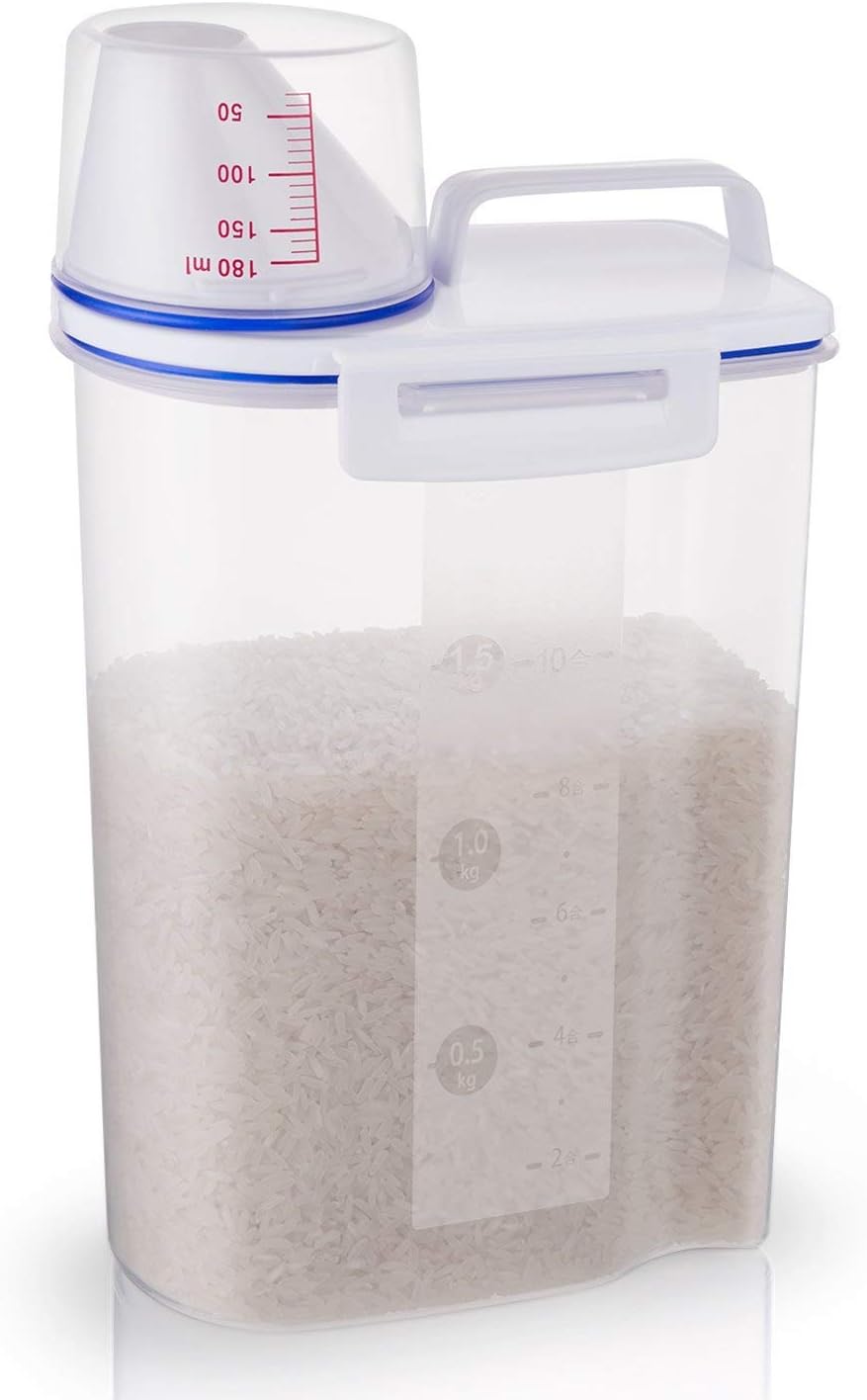 2L/5L Food Storage Container, Small Portable Rice Container with Measuring Cup, BPA-Free Plastic Cereal Storage Container with Pour Spout for Kitchen Cabinet, 2Liter