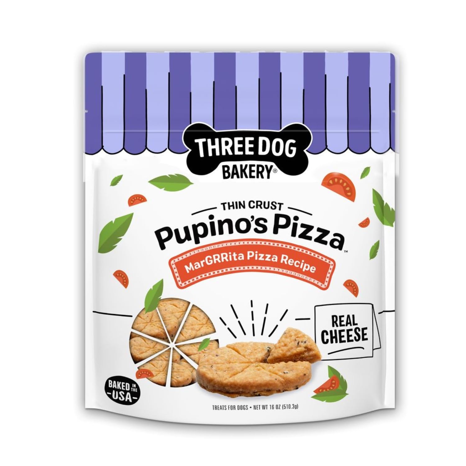 Three Dog Bakery Pupino’s Pizza Cookies for Dogs, Dog Treats with Real Ingredients, 16 oz