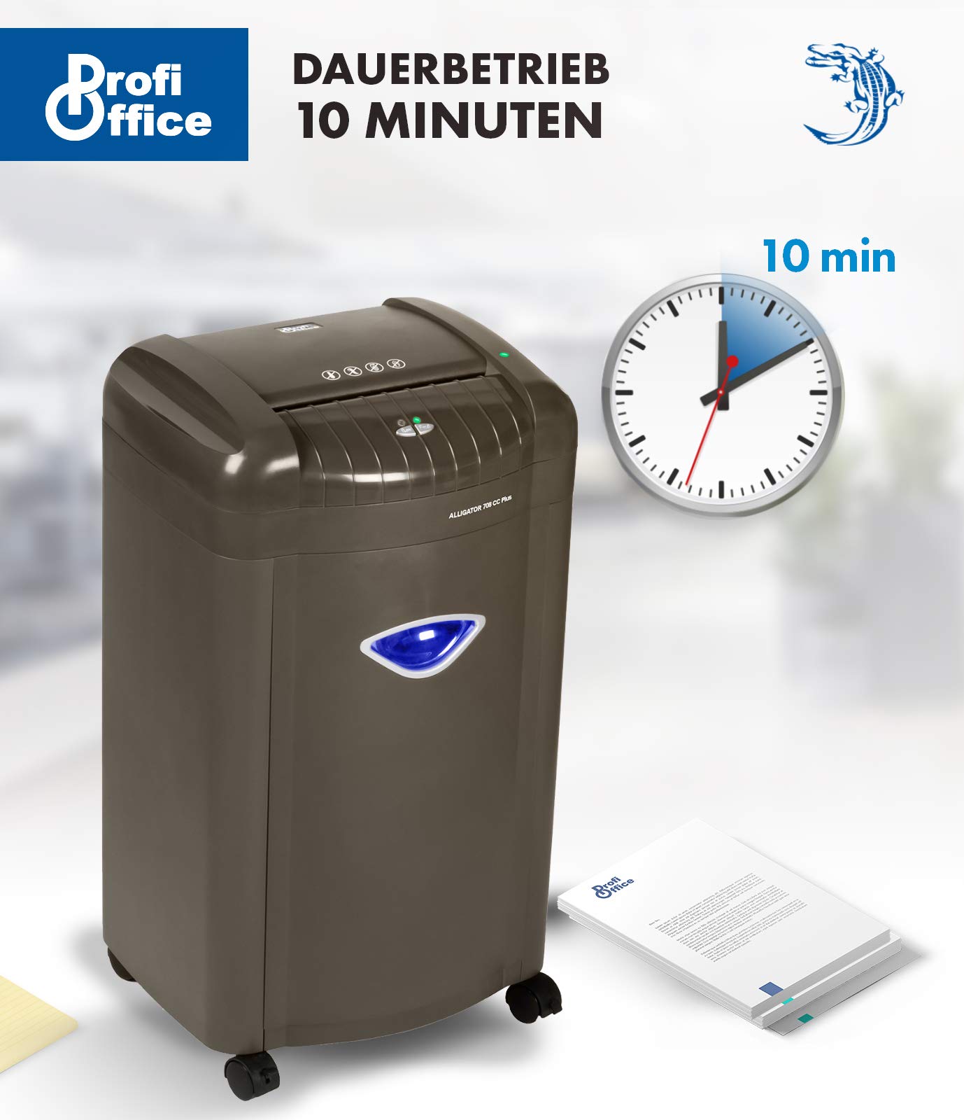 Destructora de Papel Alligator 708 CC+ – Trituradora Silenciosa Corte Cruzado P-4 | Whisper Technology | para Oficina y Hogar, Papelera 26L con Iluminación, 8 Hojas, 500W