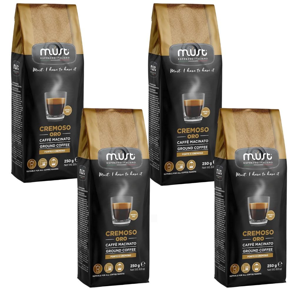 MUST, 100% CREAMY, Roasted Ground Coffee, 4 Packs of 250 g Each, Suitable for Moka, Made in Italy pack may vary