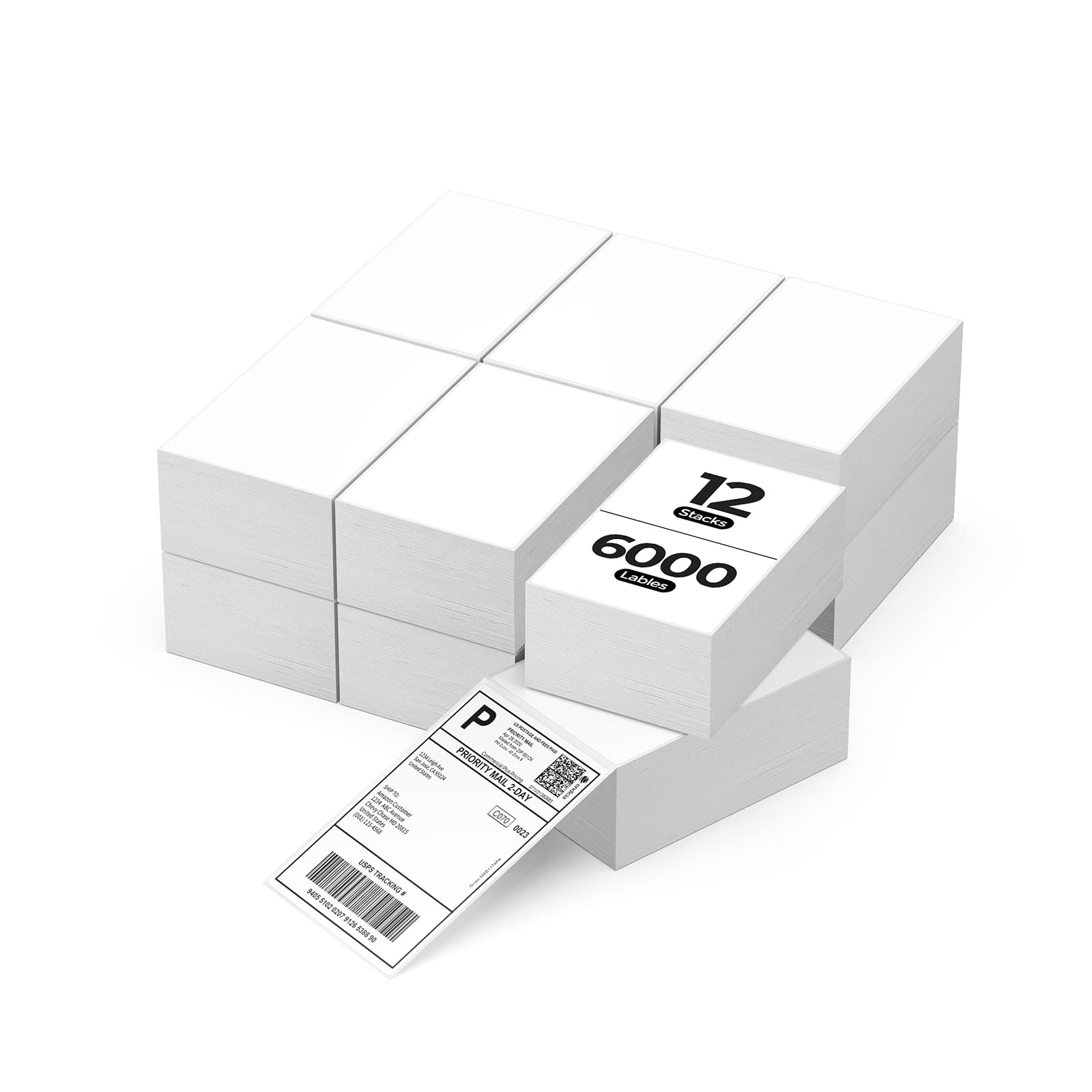 MUNBYN 4x6 Inch Direct Thermal Labels, 6000 Labels/12 Stacks(500 Pcs per Stack), Fanfold Shipping Label Paper for Thermal Printers, Permanent Adhesive Mailing Postage Labels for Shipping Packages