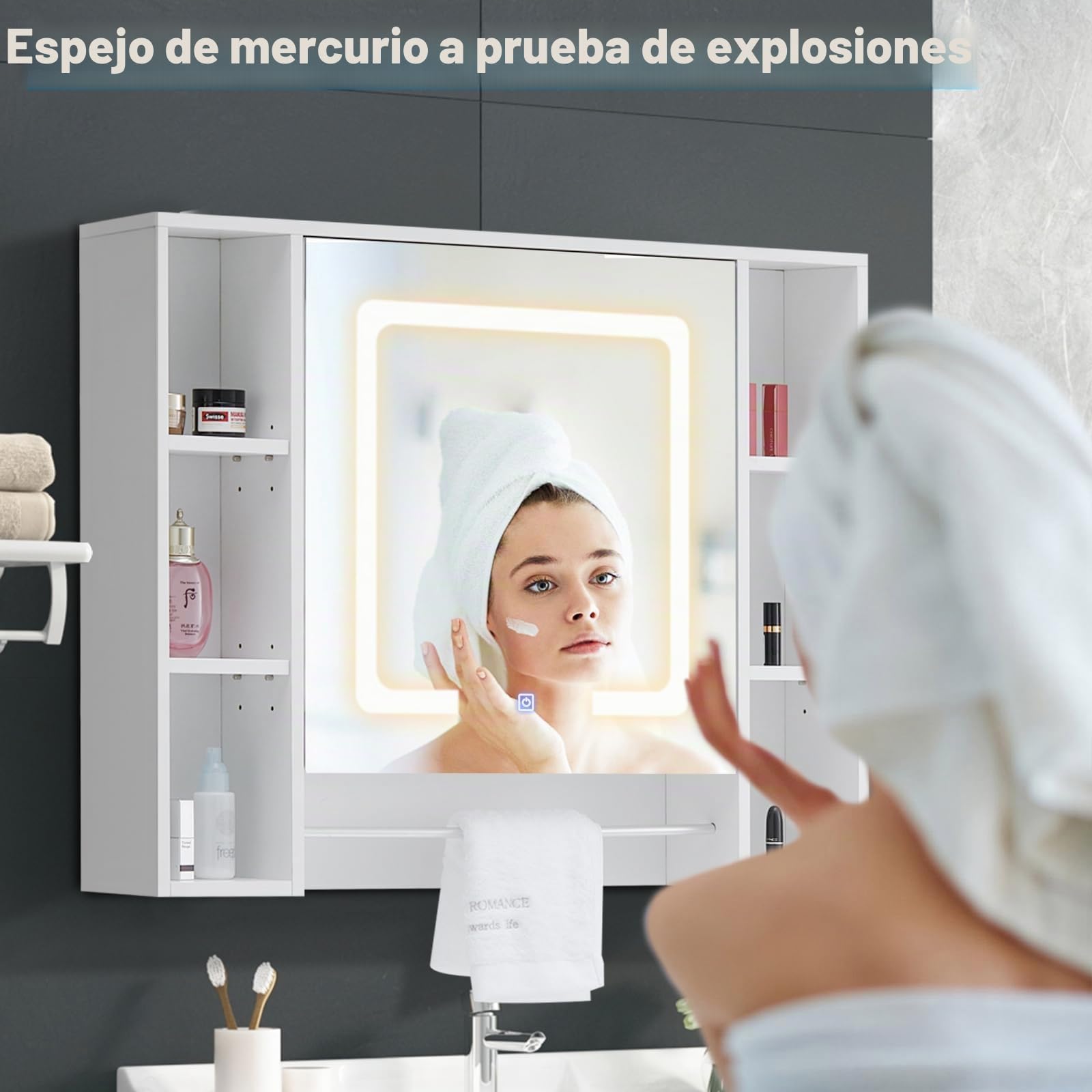 Armario de Baño Espejo con luz LED y toallero 6 Almacenamiento Abierto, Armario de Almacenamiento montado en la Pared, gabinete de Pared de 1 Puerta con estantes Ajustables, Muebles de baño y Ducha