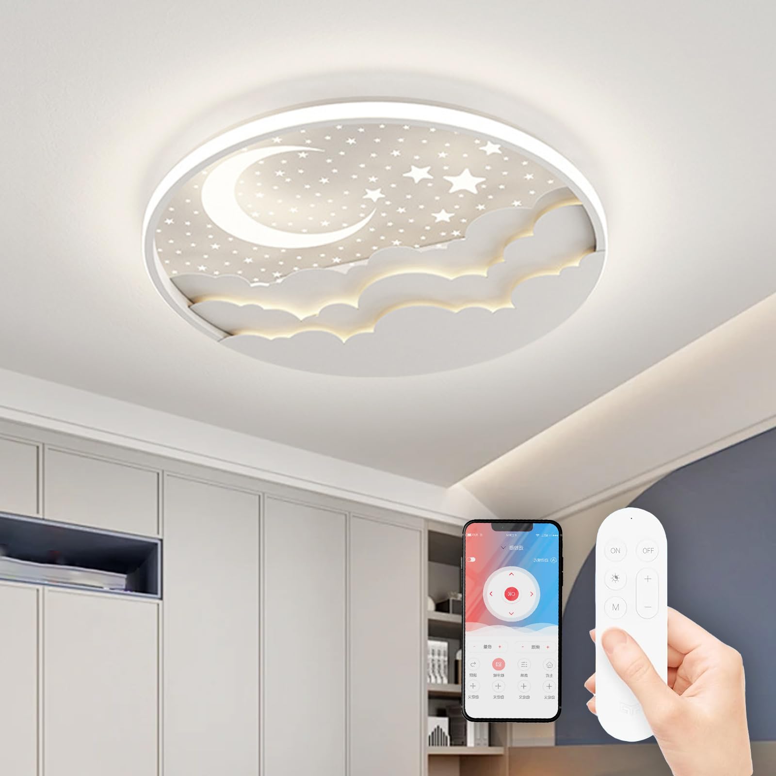 Lámpara de Techo LED Regulable, Lampara infantil Techo Moderno de Estrella y Luna, Luz de Techo Infantil Dormitorio con Control Remoto, Plafon Techo para Habitación de Infantil, Dormitorio, Blanco