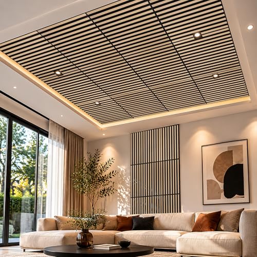 Image of Art3d 12-Pack Acoustic Slat Panel & Ceiling Tile, 2 x 2 ft, Natural Oak