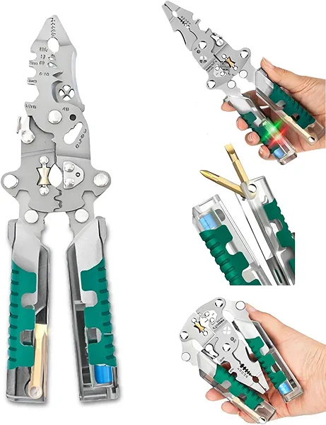 18 in 1 Wire Stripping Pliers - Folding Stylus Screwdriver Wire Stripper - Built-In Voltage Tester Screwdriver - Compact Multi-tool Electrician Pliers (Green)