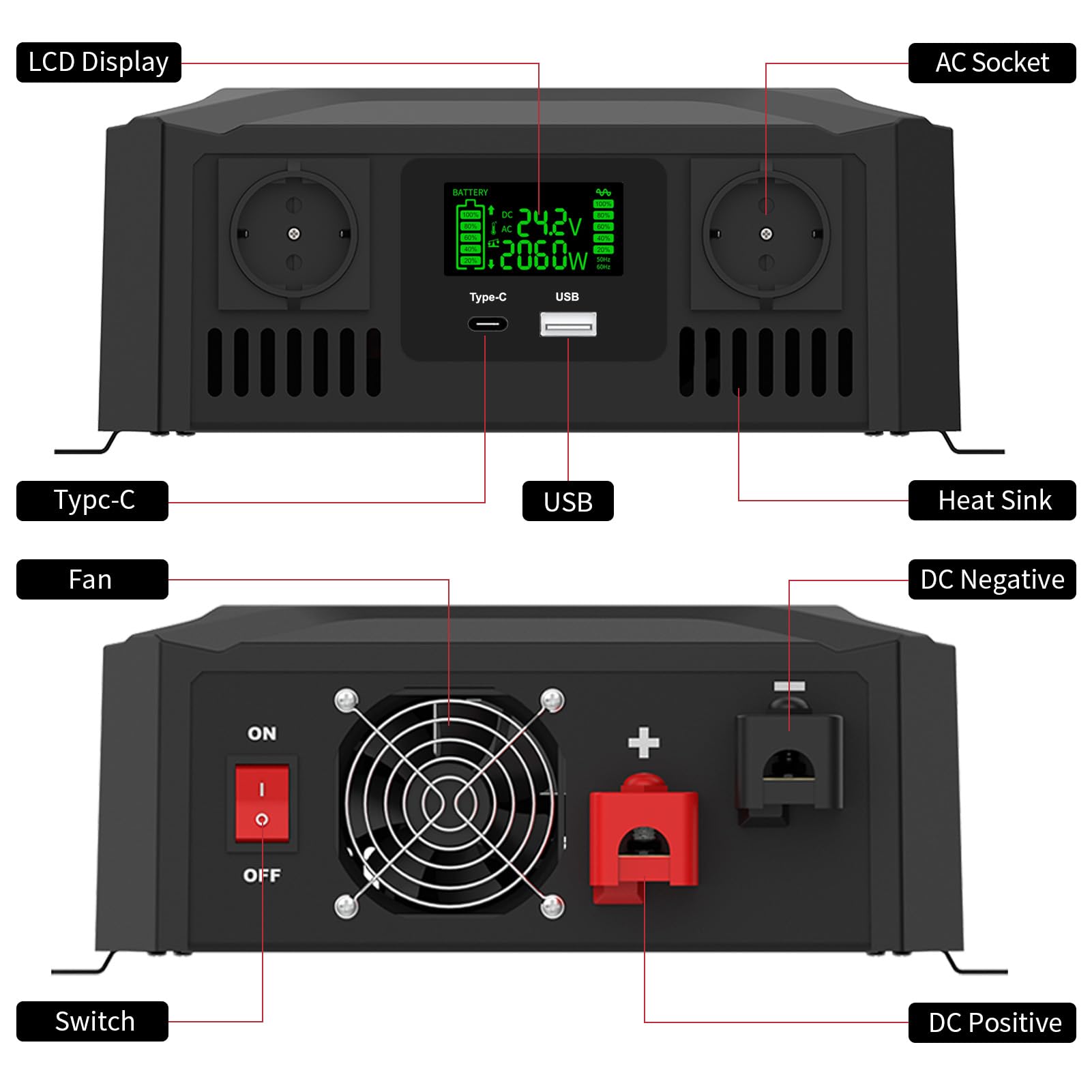 DATOUBOSS Pur Sinus Onduleur 12V/24V vers 220V 230V Convertisseur Universel Double Tension 1200W/2300W avec système de détection Intelligent Puissance de crête 2000W/4000W, Transformateur avec LCD