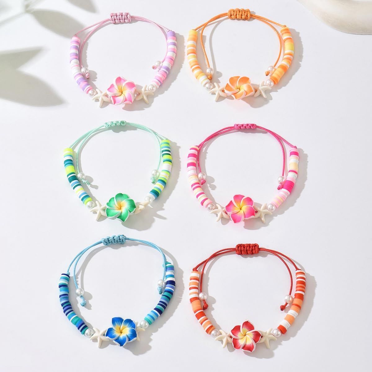 Caiyao Bohemia Hawaiian Plumeria Rubra Polymer Clay Stretch Bracelets Set Handmade Colorful Starfish Tropical Flower Glass Beaded Stackable Bracelet for Women Luau Beach Party Vacation Jewelry Gifts - Image 4