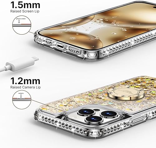 Miniatura 7 de Silverback Funda para iPhone 14 Pro Max, funda con purpurina holográfica líquida en movimiento con soporte, para niñas y mujeres, funda protectora