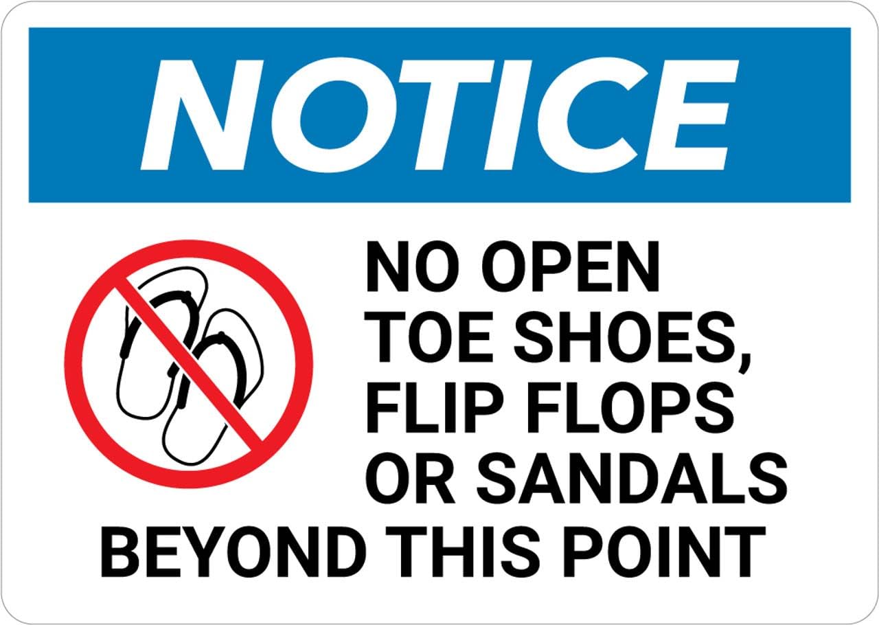 Signage Notice: No Open Toe Shoes Flip Flops Or Sandals Beyond This Point With Icon - Wall Sign Facility Signs 12"X8" Metal Danger Warning Man Cave Yard Indoor Outdoor