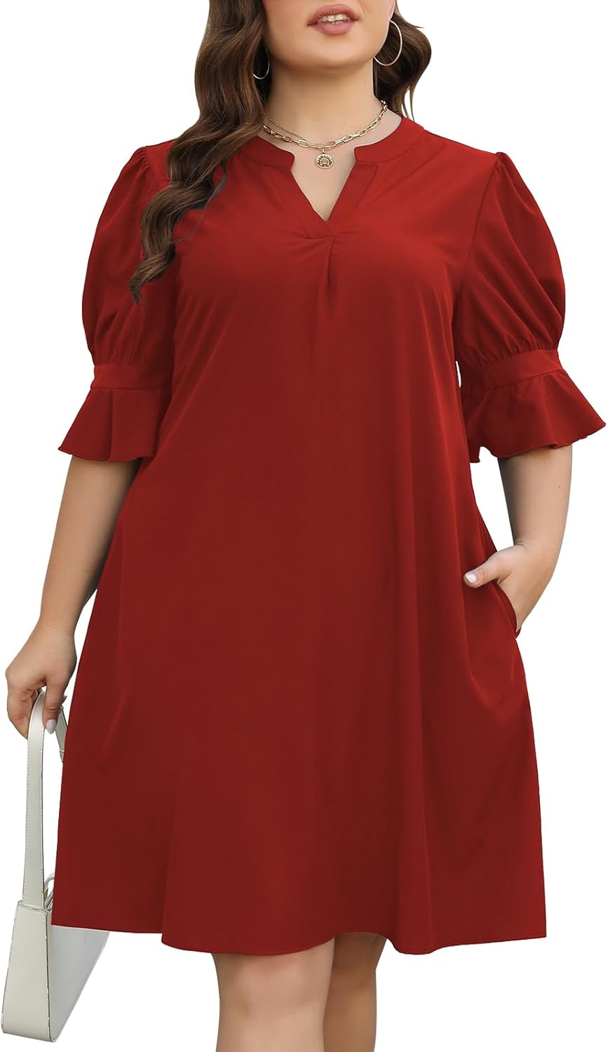 Celkuser Plus Size Summer Casual Shift Dress for Curvy Women V Neck Ruffled Sleeves Loose Shirt Dresses with Pockets 2025