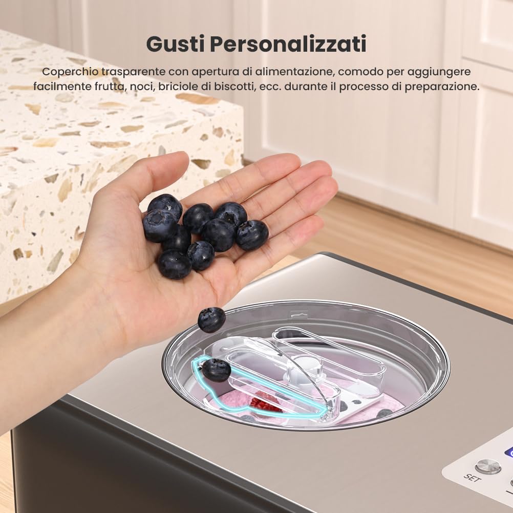 Gelatiera con Compressore 2L, Gelatiera per Gelato Elettrica Professionale in Acciaio Inox 150W, Autorefrigerante, con Ciotola Estraibile in Alluminio/Paletta per Gelato