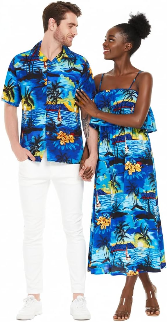 Matchable Couple Hawaiian Luau Shirt or Maxi Ruffle Dress in Sunset Blue