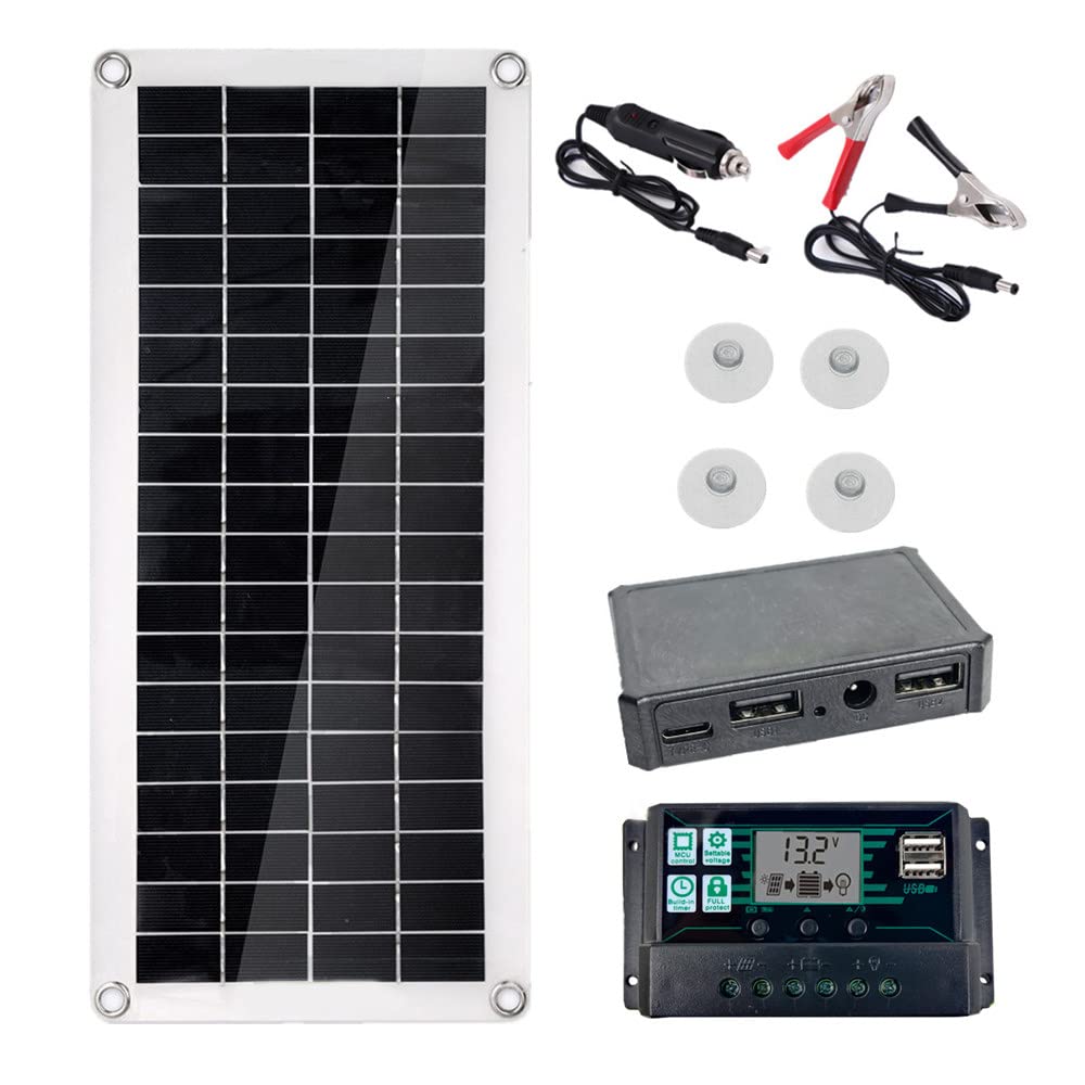 Pannello Solare Flessibile 30W + Regolatore 10A/20A/30A/40A/50A/60A + Accessori, Caricabatterie Solare Portatile 12V USB Policristallino Campeggio Viaggio Batteria Esterna 60Acontroller