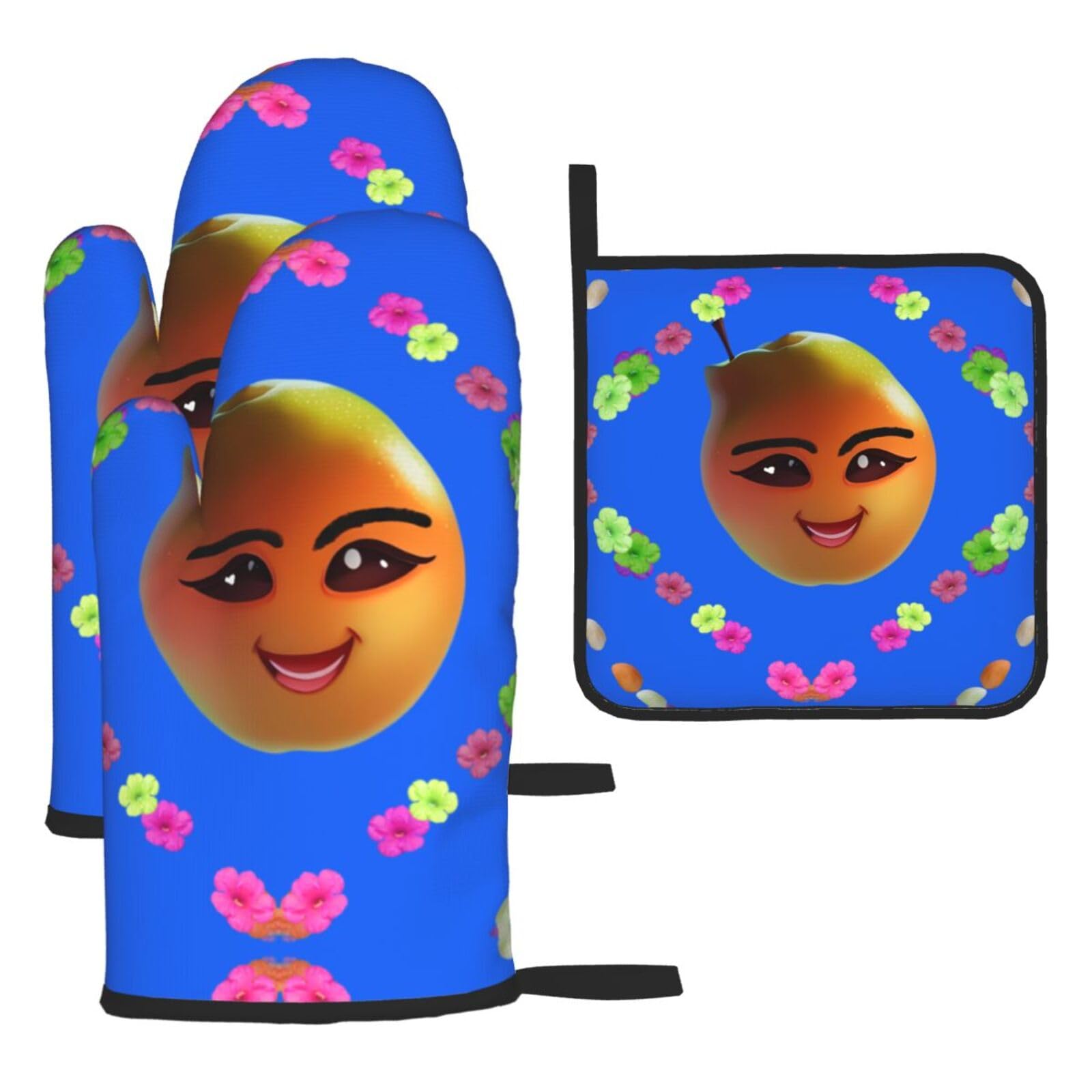 Smiley Yellow Pear Oven mittens and oven mitts three-piece set suitable for oven, grilling, baking, microwave and home cooking.