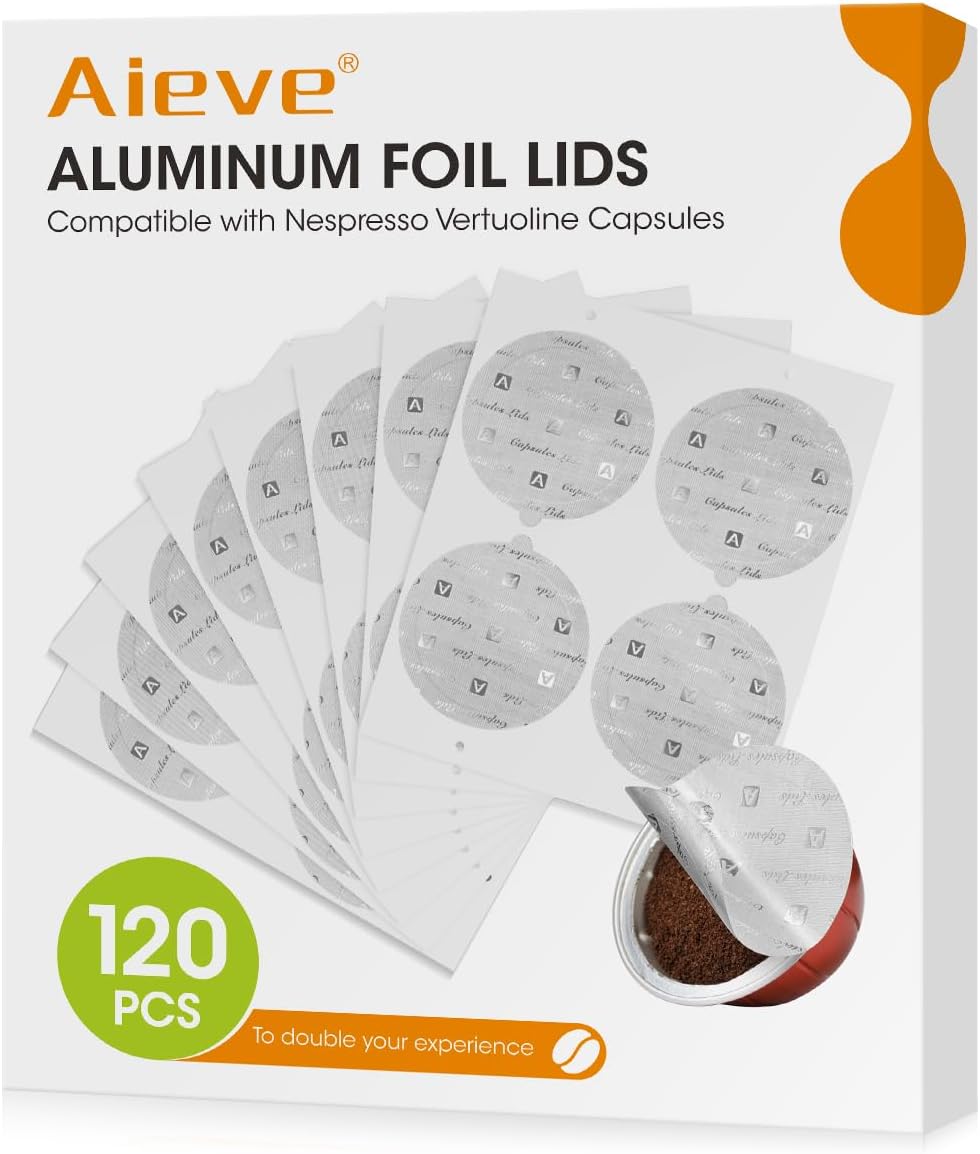 Aieve 120 Pcs Aluminum Foil Seal Lids for Reusable Nespresso Pods Vertuo Compatible with Nespresso Refillable Capsule