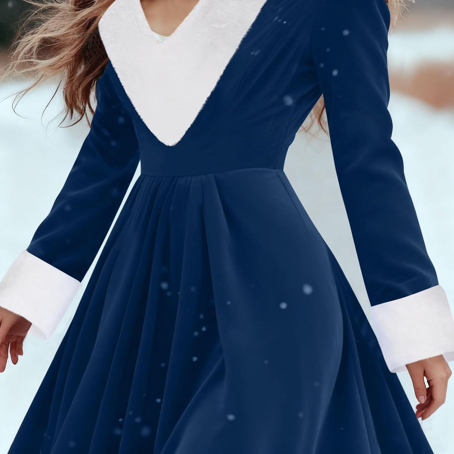 JOAU Velvet Christmas Midi Dress for Women Long Sleeve Cocktail Party Holiday Dresses Faux Fur Trim V Neck A-Line Xmas Dress