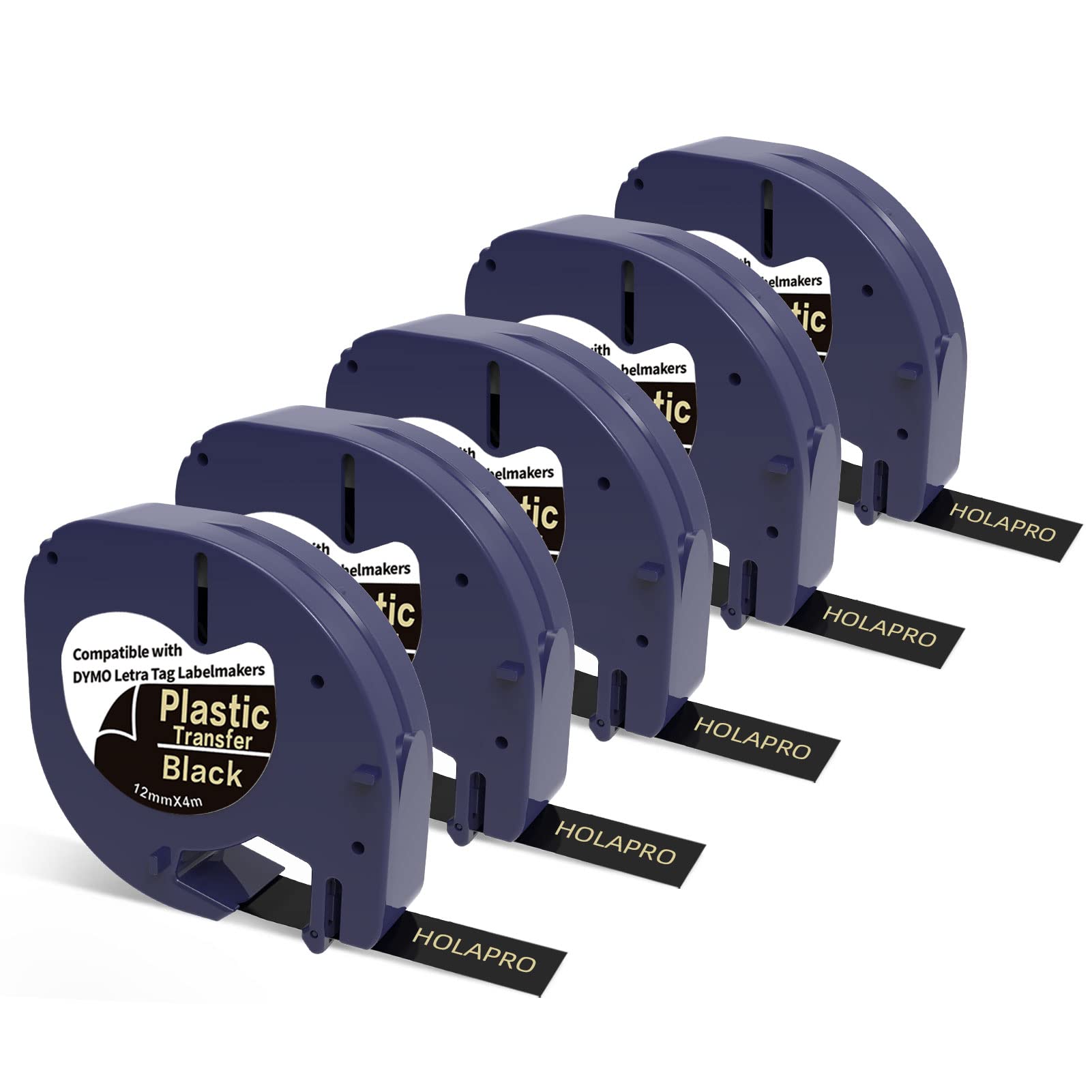5-Pack Compatible with Dymo LetraTag Refills 12mm Self-Adhesive Plastic Label Maker Tape Replacement for DYMO LetraTag LT-100H LT-100T LT-110T QX50 XR XM 2000, Golden on Black