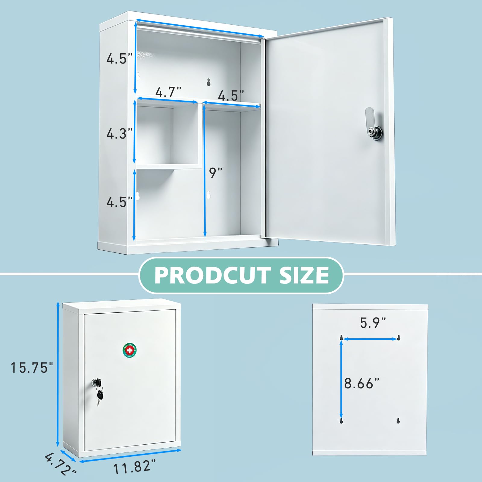 KYODOLED Botiquín de pared con bloqueo, botiquín de primeros auxilios de gran capacidad para baño, botiquín con llave, caja de bloqueo de acero segura para medicamentos, 15.75 pulgadas de alto x 11.82