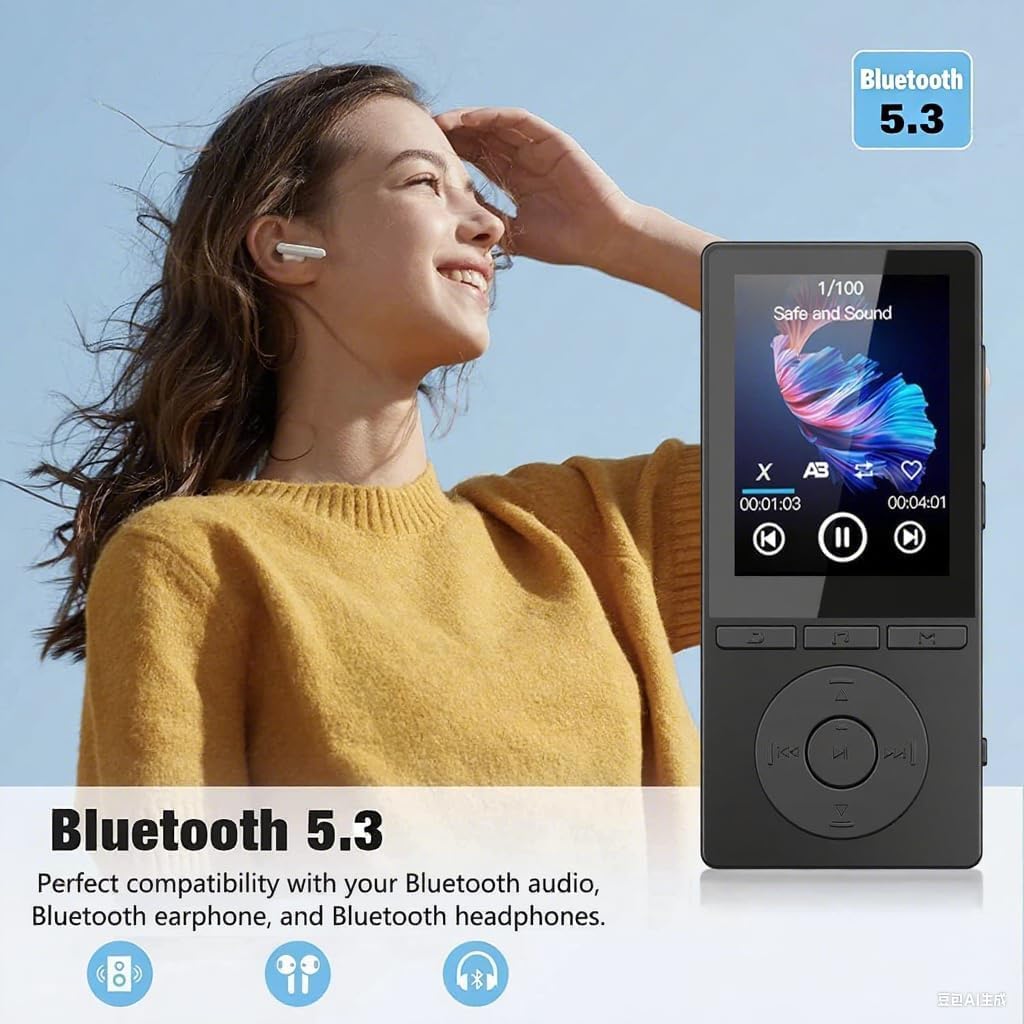 64GB MP3 Player Bluetooth 5.3, MP3 Player mit Lautsprecher, Musikwiedergabe, Sprachrekorder, E-Book, HiFi-Sound, Kopfhörer, MP3-Player Ideal für Sport, Support 128GB TF Card, Schwarz