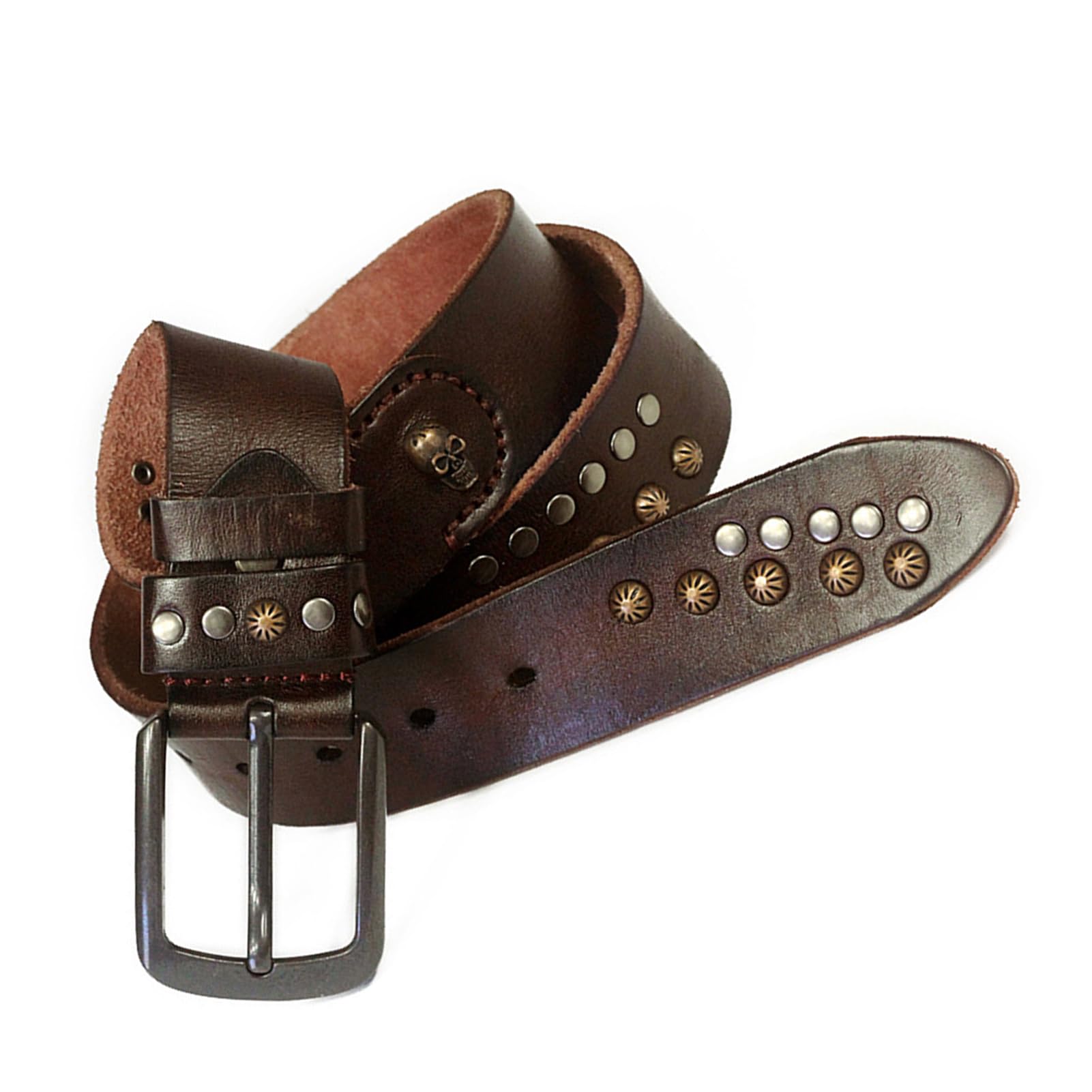 OBASDFD Fashion Rivet Leather Belt, Adjustable Prong Buckle, Metal Studded, Cowhide Handmade Punk Rock Leisure(Coffee,110cm/waist:37")