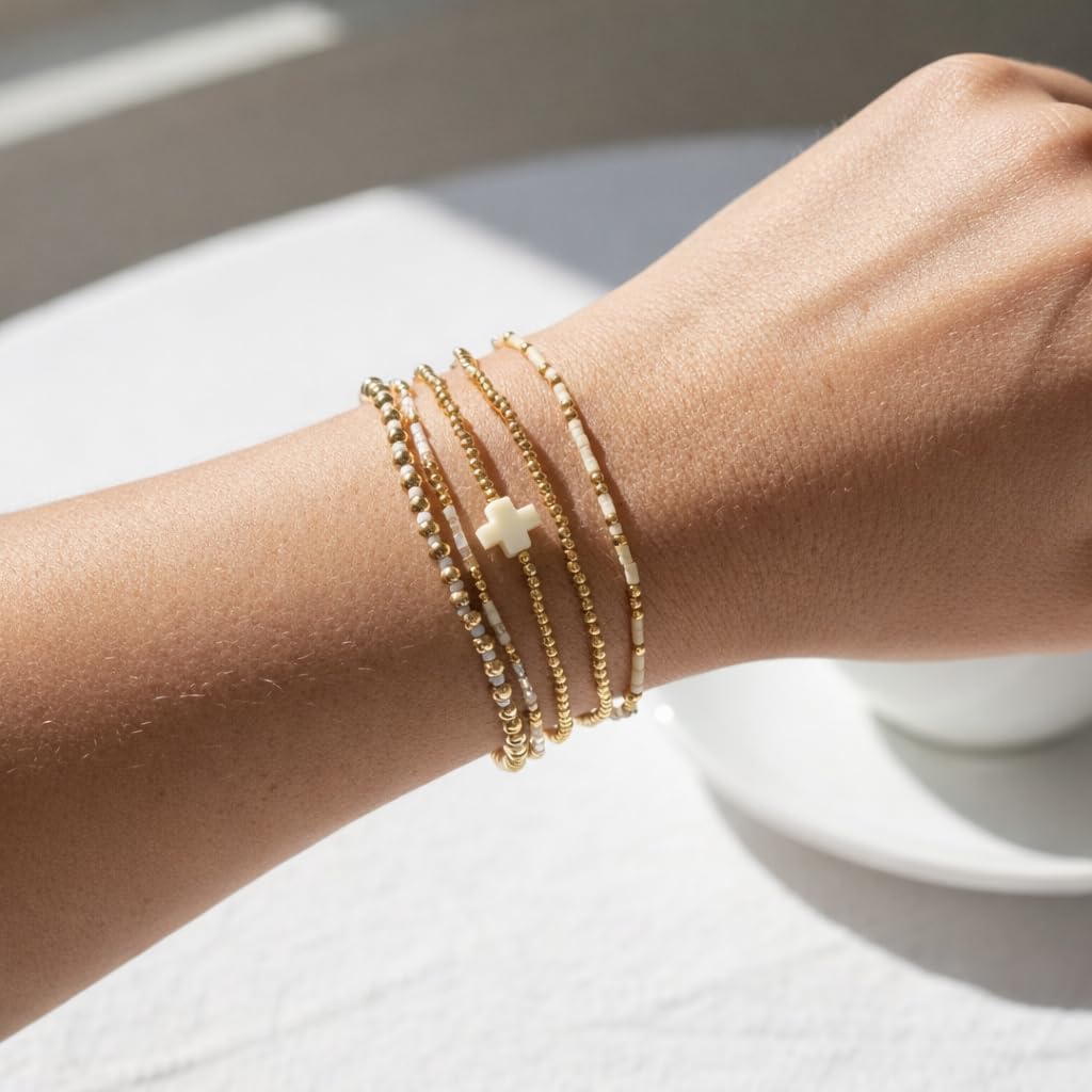 Gold Beaded Cross Bracelet for Women, 14K Plated Adjustable Stackable Dainty Bracelets, Non Tarnish Fashion Jewelry Set Gifts for Women Birthday Friendship - Image 2