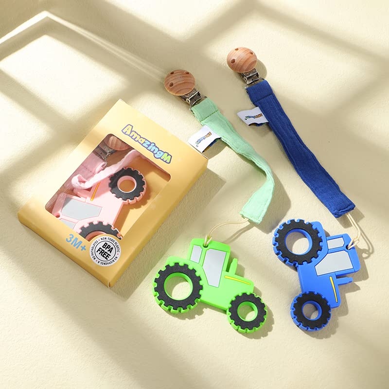 Juguete mordedor de silicona de grado alimenticio para bebés con soporte para chupete, juguetes de alivio del dolor de dentición para niños y niñas, apto para congelador, sin BPA (verde) 7